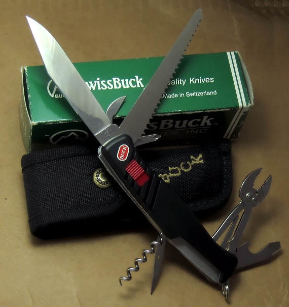 A 120mm SwissBuck SwissMate II model with supplied pouch.  The blade has "PAT. PEND." stamp on the reverse tang indicating that SwissBuck models were some of the first 120mm knives from Wenger.  This is the largest knife in the SwissBuck Series.