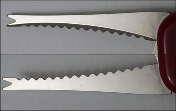 A front (top) and rear view of the older fish scaler with out the line-guide (cut out),found on the 85mm Wenger knives