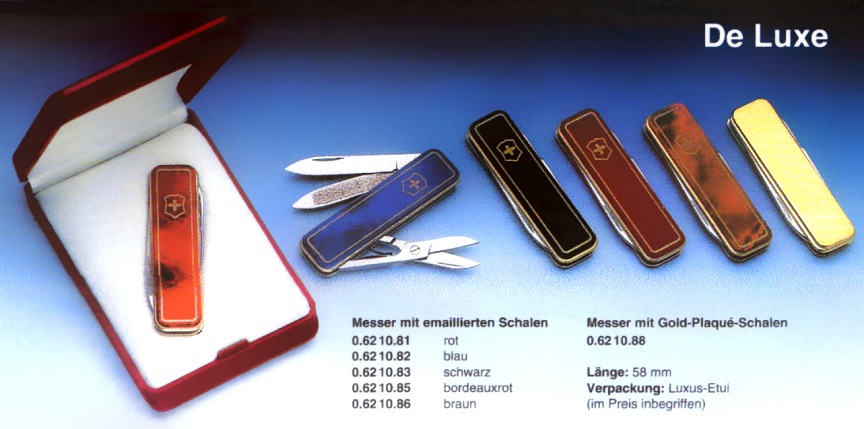 Taken from a Victorinox brochure the De Luxe series pictures appears to be Rev. 2 of the set as each model features the Victorinox shield in gold, but the initial set did not include the shield.  Date is estimated to be approximately 1987. **Inkjet print provided by VSAKCS founder Dan Jacquart, digitizing by ICanFixThat.