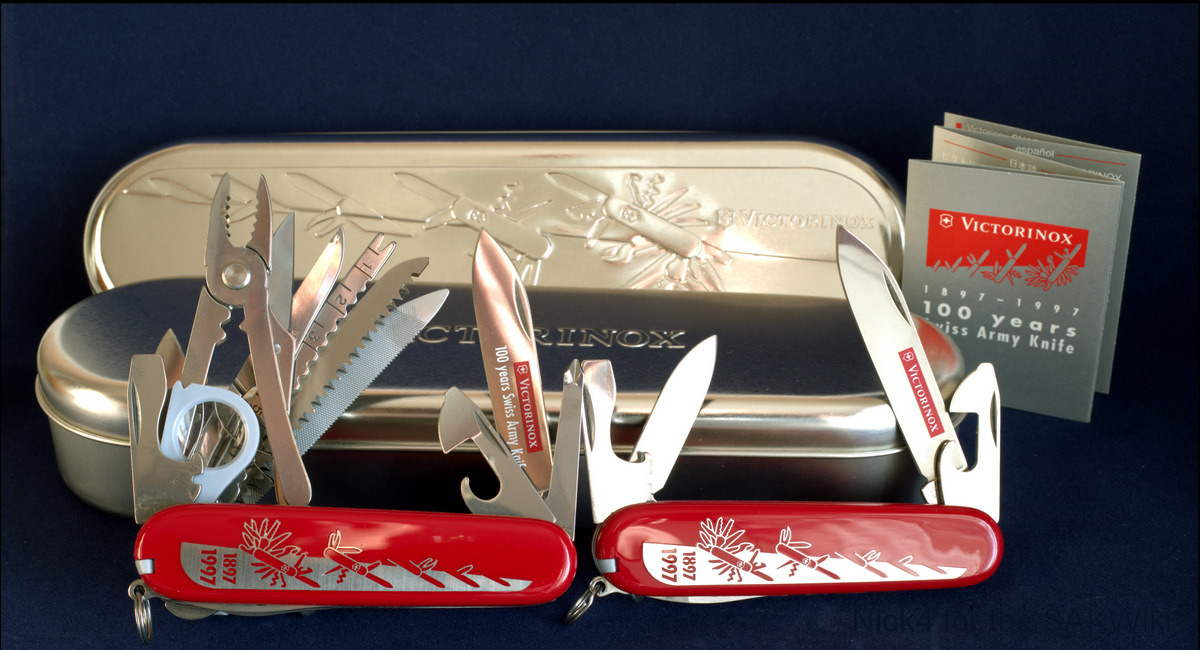 Victorinox Officer's Knife 100th Anniversary Special Edition models, from left to right: SwissChamp (1.6794.J97) and Spartan (1.3603.J97).