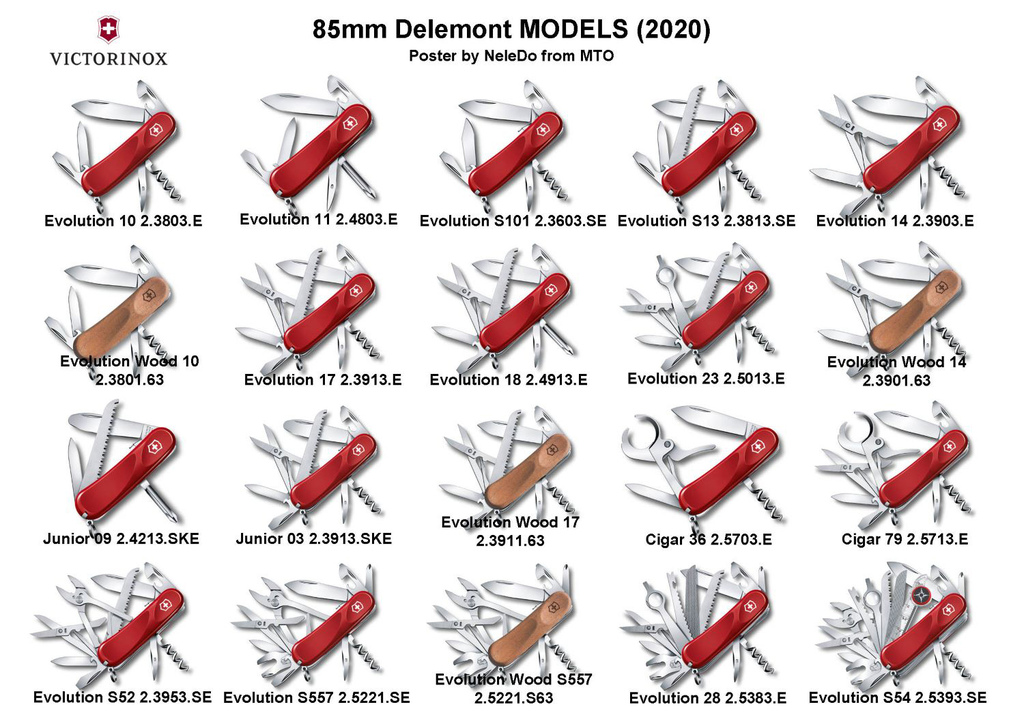 Current 85mm Delémont models as of 2020. 
Image courtesy of NeleDo from MultiTool.org.
Updated image - Original had 24,000 hits! at 21/9/23