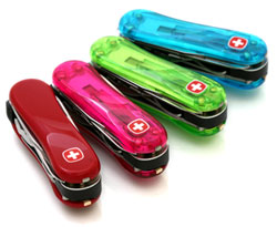 Wenger Swiss Clippers in Red, Lime Green, Blue Ice, and Watermelon Translucent Pink.